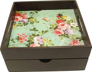 Plateau décoratif en bois floral avec tiroir, plateau de service rectangulaire, boîte de rangement pour la maison, l'hôtel, le restaurant - Product Image 3