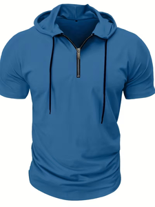 Men's Hooded Henley T-Shirt Short Sleeve Regular Fit Quick Dry Solid Color Casual Pullover Light Blue Jersey Knitted Polyester - Product Image 4
