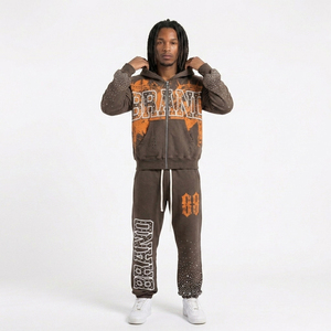 Conjunto de Sudadera con Capucha y Pantalones Deportivos Unisex de Moda Urbana con Cremallera Completa y Estampado de Diamantes de Imitación para Otoño, Ropa Deportiva para Adultos - Product Image 6