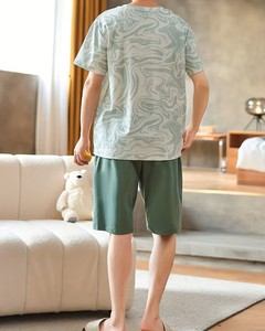Conjunto de Pijama de Verano para Hombre, Manga Corta, Cuello Redondo, Estampado, Tejido de Poliéster, Ropa de Dormir Informal, Transpirable, Ligeramente Elástica, Verde - Product Image 4