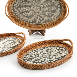Plateau rond tissé unique non toxique du Vietnam, plateau en nacre et en rotin, best-seller - Product Image 2
