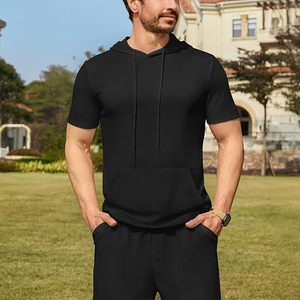 Wholesale Men's Breathable 100% Cotton Short Sleeve Summer Tracksuit Hooded Tanks Tops Sweatsuit 2 Piece Casual Sports Set - Product Image 4