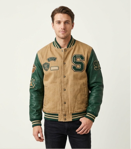 Veste d'hiver coupe-vent 100 % laine écologique beige avec badge brodé, manches vertes, style héritage personnalisé - Product Image 1
