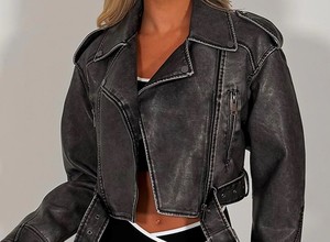 Blouson moto court noir en similicuir délavé pour femme, fermeture éclair sur le devant, ceinture, manches longues, coupe classique, toutes saisons, couleur unie - Product Image 4