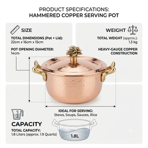Casserole de cuisson de luxe en cuivre avec couvercle, poignée en laiton, fait main, plat de service pour table à manger, maison, hôtel, restaurant, décoration - Product Image 5