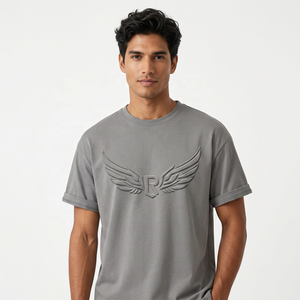Camiseta de manga corta gris para hombre con alas en relieve y logotipo R en la parte delantera, cuello redondo informal, corte regular, tejido de punto. - Product Image 6