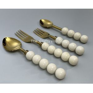 Luxury Gold Stainless Steel Cutlery <b>Set</b> White Beaded Handle <b>Spoon</b> <b>Fork</b> <b>Set</b> Premium Flatware Dining Utensils Wedding Tableware - Product Image 3