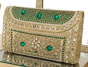Green Brass Metal <b>Frame</b> Rectangle Pattern Pearl Rhinestone Embellished Bridal Clutch Magnetic Closure Satin Lining Gift - Product Image 3