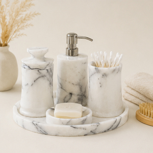 Ensemble d'accessoires de salle de bain en marbre blanc, 5 pièces, fabriqué à la main, naturel, comprenant un distributeur de savon, un porte-brosse à dents, un porte-savon et un plateau - Product Image 4