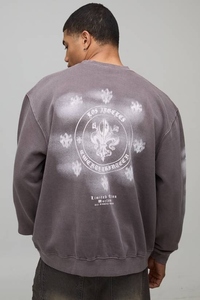 Sudadera gris lavada de cuello redondo para hombre con hombros caídos y estampado trasero, de forro polar, estilo urbano - Product Image 2