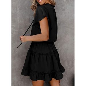 Vestido Mini Casual de Verano para Mujer, Corte A, Fluido, Negro, de Chifón, con Cuello en V y Mangas Cortas con Volantes - Product Image 3