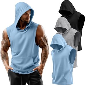 Custom <b>Sleeveless</b> <b>Hoodie</b> Low MOQ Hooded Vest Men Pullover Kangaroo Pocket Chocolate Brown Charcoal Grey Workout Streetwear Gym - Product Image 1