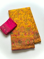 Pashmina en soie avec tissage jacquard en fil de Cachemire, motif floral Jal sur toute la surface avec bordure, pallu élégant et riche avec blouse