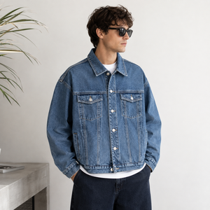 <b>Custom</b> Unisex Washed Blue Cotton <b>Denim</b> Genuine Leather Shell Eco-Friendly Vintage Casual Button Front Spring Streetwear <b>Jacket</b> - Product Image 3