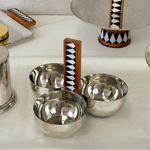 Juego de tazones de metal pulido con mango de madera, diseño minimalista para servir comida, apto para lavavajillas - Product Image 1