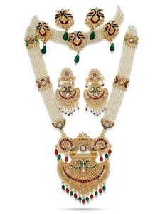 Parure de bijoux plaqué or avec perles d'imitation et diamants, cristaux blancs, motif floral, style ethnique, collier et boucles d'oreilles pour femme - Product Image 3