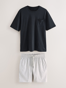 Conjunto de camiseta negra de cuello redondo y pantalones cortos grises para hombre, ropa informal de verano de color sólido, tejido transpirable. - Product Image 4