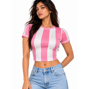 Women's Pink White Rhinestone <b>Cropped</b> T-Shirt Crew Neck Short Sleeve <b>Y2K</b> Colorblock Activewear <b>Top</b> Private Label - Product Image 1