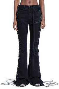 Pantalon noir en cuir véritable taille haute, coupe skinny, longueur complète, avec fermeture boutonnée et design ajouré latéral à lacets pour femme - Product Image 3