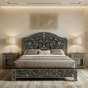 Lit en bois moderne noir et blanc avec incrustations florales, mobilier de chambre à coucher, cadre de lit personnalisé - Product Image 1