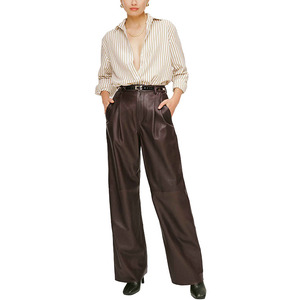 Pantalones de cuero casuales para mujer, estilo holgado, transpirables, de verano, tejidos, de cintura media, con cierre frontal plano y cremallera, largos, negros. - Product Image 2