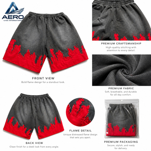 Custom Vintage Wash <b>Men's</b> <b>Shorts</b> <b>Red</b> Flame Patchwork Streetwear High Quality Acid Wash Fleece Cotton Heavyweight Gym <b>Shorts</b> - Product Image 6