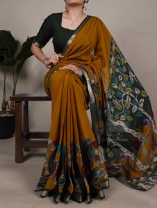Sarees de Viscosa Chanderi, Colecciones para Bodas, Colecciones Festivas, Sarees Estampados al por Mayor, Sarees Chanderi Kalamkari - Product Image 5