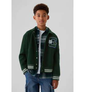 Chaqueta Varsity Verde de Lona con Letra Bordada, Cuello Camisero, Estilo Preppy, Unisex, Ropa de Invierno, Impermeable y Transpirable - Product Image 3