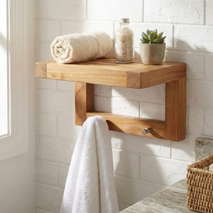 Aqdus Saleem Handcrafted Teak Wood Floating Shelf with Towel Rack-Minimalist Eco-friendly Durable Bathroom Storage - Product Image 1