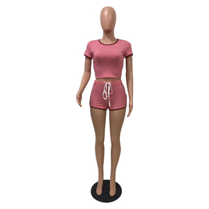 Conjunto de Verano para Mujer, Top Corto de Punto Rojo con Cuello Redondo y Manga Corta, Pantalones Cortos por Encima de la Rodilla con Cordón, 100% Algodón, Secado Rápido y Transpirable - Product Image 5