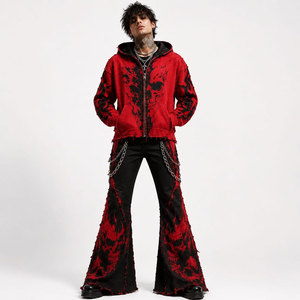 Chándal con capucha y estampado de calavera gótica en rojo y negro para hombre, con cremallera frontal completa, bolsillos laterales, corte holgado, para otoño - Product Image 2