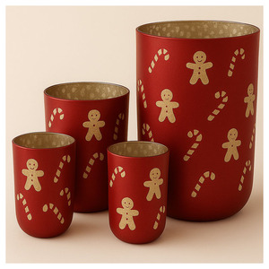 Ensemble de porte-bougies ronds en verre rouge avec motif bonhomme en pain d'épices et canne en sucre, résistants à la chaleur, réutilisables, faits à la main, Noël, Pâques - Product Image 1