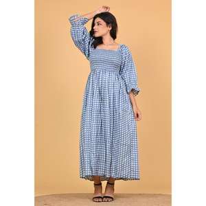 Vestido Largo de Algodón a Cuadros Azul Boho para Mujer, Vestido Maxi Fruncido para Fiesta de Verano - Product Image 3