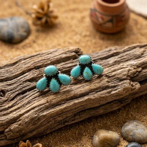 Kingdman Mohave Turquoise Cluster Stud <b>Earrings</b> | Handmade Silver Southwestern Statement Boho Western Jewelry - Product Image 1