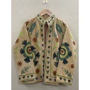 Hand Embroidered Velvet Knitted Cotton <b>Jacket</b> Women <b>Mandarin</b> <b>Collar</b> Full Sleeve Floral Pattern Open Front Prairie Winter/Spring - Product Image 1