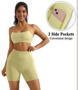 Conjunto de Yoga sin Costuras de 2 Piezas, Top Corto de Cintura Alta y Pantalones Cortos, Color Sólido, Espalda Cruzada, Ropa Deportiva para Mujer - Product Image 2