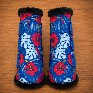 Conjunto a juego para caballo Tough Tack de algodón con estampado floral azul para sublimación: mantilla de salto, velo antimoscas, botas y vendas de polo - Product Image 4