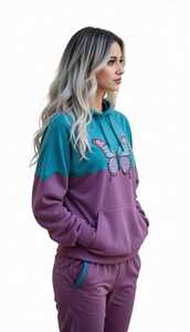 Ensemble de survêtement sportif respirant 2 en 1 pour femmes, sweat-shirt à capuche et pantalon, couleur bleu turquoise et violet, imprimé papillon, été - Product Image 3