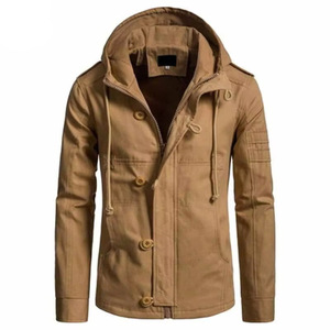 Men Windproof Olive Green Black Tan Hooded Jacket Zip Button Front Drawstring Urban <b>Parka</b> <b>Coat</b> Outerwear Turn-down Collar - Product Image 4