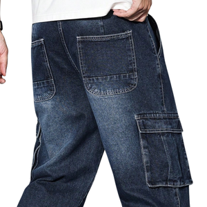 Pantalones Cargo de Mezclilla Azul Oscuro para Hombre, Corte Recto Relajado, Transpirables, con Múltiples Bolsillos, Estilo Casual, Lavado, para Uso Diario - Product Image 4