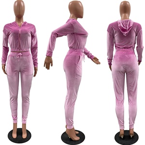 Custom Logo top quality women 2021 winter fashion velour two piece set long sleeve crop top zipper hoodie & velvet joggers - Product Image 5