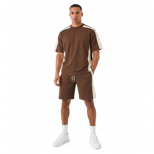<b>Men's</b> <b>Brown</b> Color Blocking Crew Neck T-<b>Shirt</b> Set Knitted Cotton Casual Summer Wear - Product Image 1
