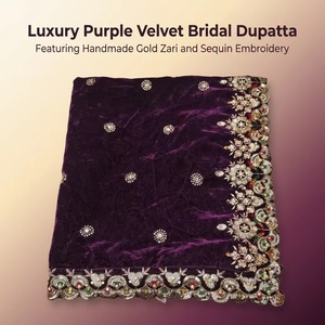 Dupatta de terciopelo morado de lujo para novia, con bordado pesado de lentejuelas y Zari dorado, ideal para regalos de boda, cumpleaños, chal festivo tradicional para mujer. - Product Image 1