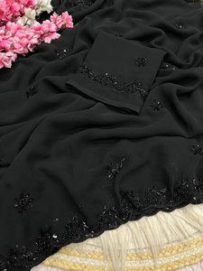 ผ้าซารีสีดำ Reglance Black Pure Fox Georgette พร้อมลูกปัดสีดำแบบดั้งเดิม ขอบผ้าปักลายฉลุอย่างประณีต เสื้อคลุมแฟนซีตกแต่งอย่างสวยงาม เหมาะสำหรับงานปาร์ตี้ สวมใส่ง่าย - Product Image 3