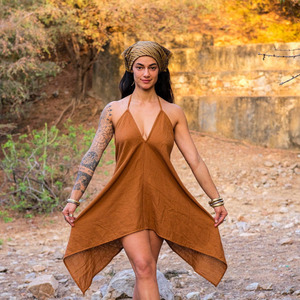 Earthy Terracotta Cotton Khadi Halter Neck Pixie Dress Artisanal Boho Summer Dress with Hand-Printed <b>Head</b> <b>Wrap</b> Dress - Product Image 1
