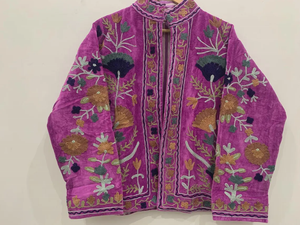 Purple Suzani Embroidery <b>Velvet</b> Jacket Vintage Boho <b>Coat</b> Unisex Winter Jacket Ethnic Chic Outerwear - Product Image 2