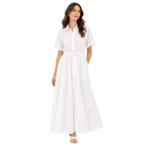White Casual Long <b>Dress</b> with Short Sleeve A-line <b>Pockets</b> Detail Spring/Summer Breathable Women's <b>Dress</b> with Tie-Waist Style Set - Product Image 1