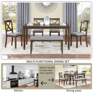 Set da Pranzo 6 Pezzi: Tavolo Rettangolare in Legno con 4 Sedie Imbottite e Panca per 6 Persone, Elegante Set per Sala da Pranzo - Product Image 4