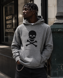 Wholesale Winter Raglan Hoodie Skull Crossbones Silk Screen Printing Grey 100% Cotton Fleece <b>Pullover</b> <b>Men</b> Gym Wear - Product Image 2