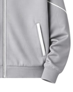 Ensemble de survêtement gris clair personnalisé pour homme, veste zippée intégrale et pantalon de jogging avec passepoil blanc, fabricant de vêtements de sport sur mesure OEM - Product Image 3